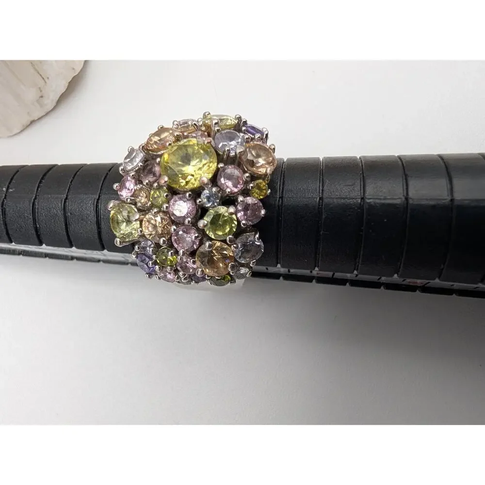 Fashion Cocktail Ring Multi-Color Gemstone Cluster Wide Band Silver Tone Size 7